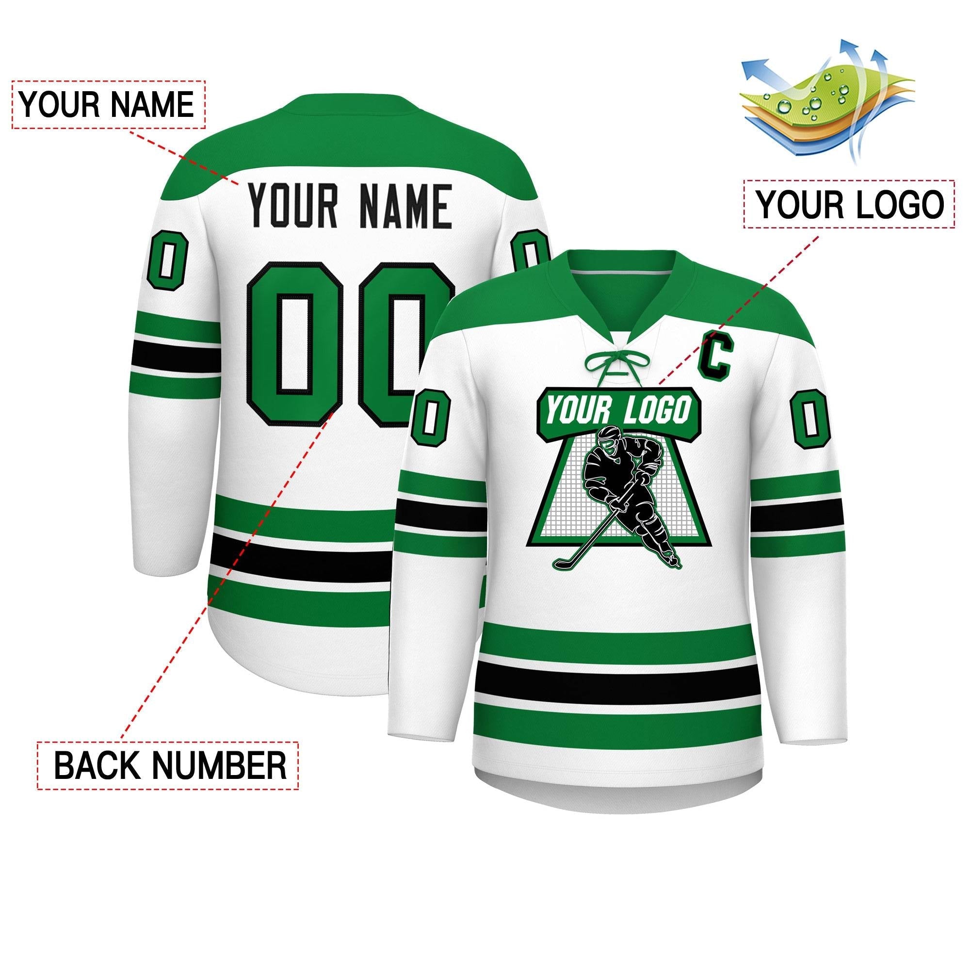 Custom White Kelly Green Black Personalized Classic Lace-Up Neck Hockey Jersey | KXKSHOP