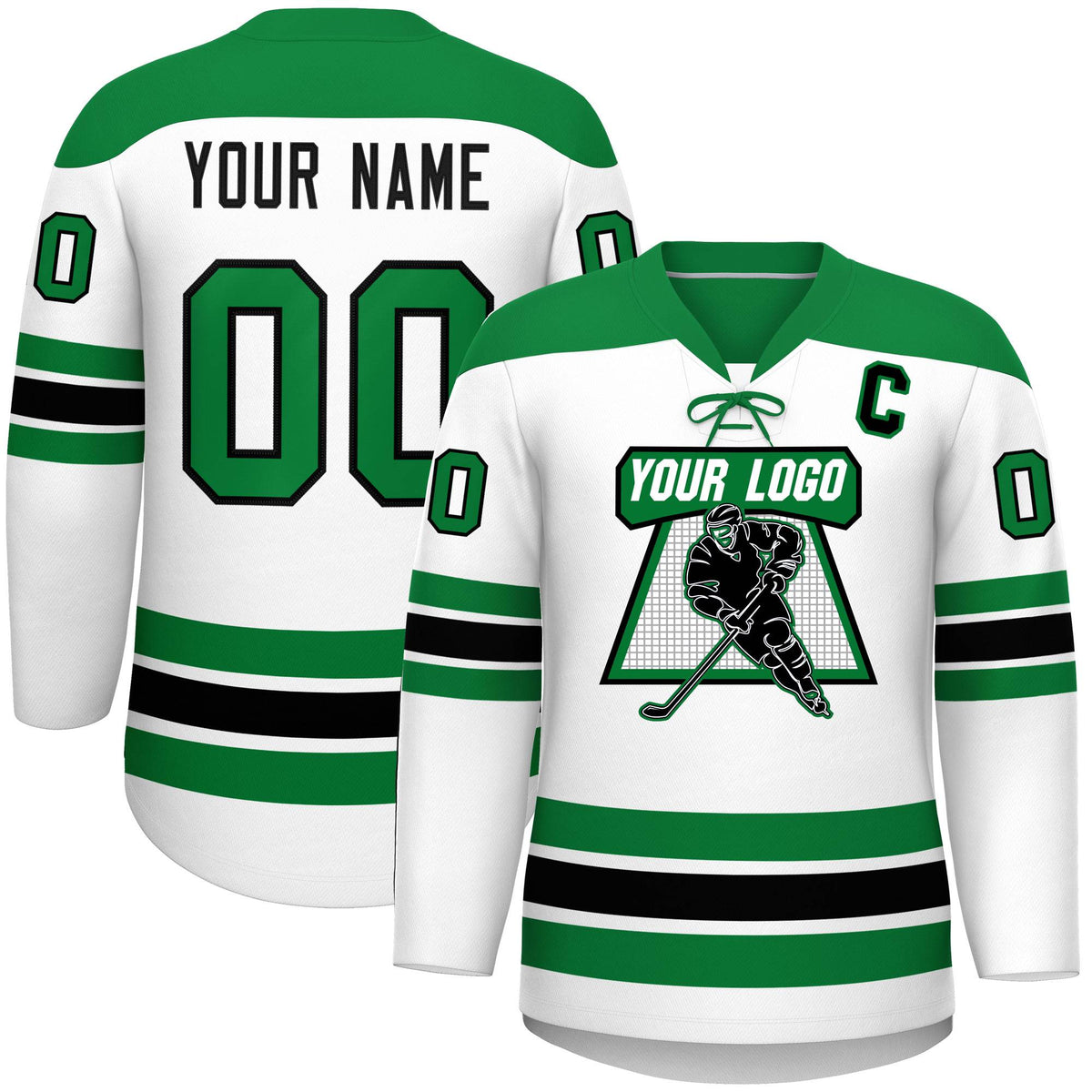 Custom White Kelly Green Black Personalized Classic Lace-Up Neck Hockey Jersey | KXKSHOP