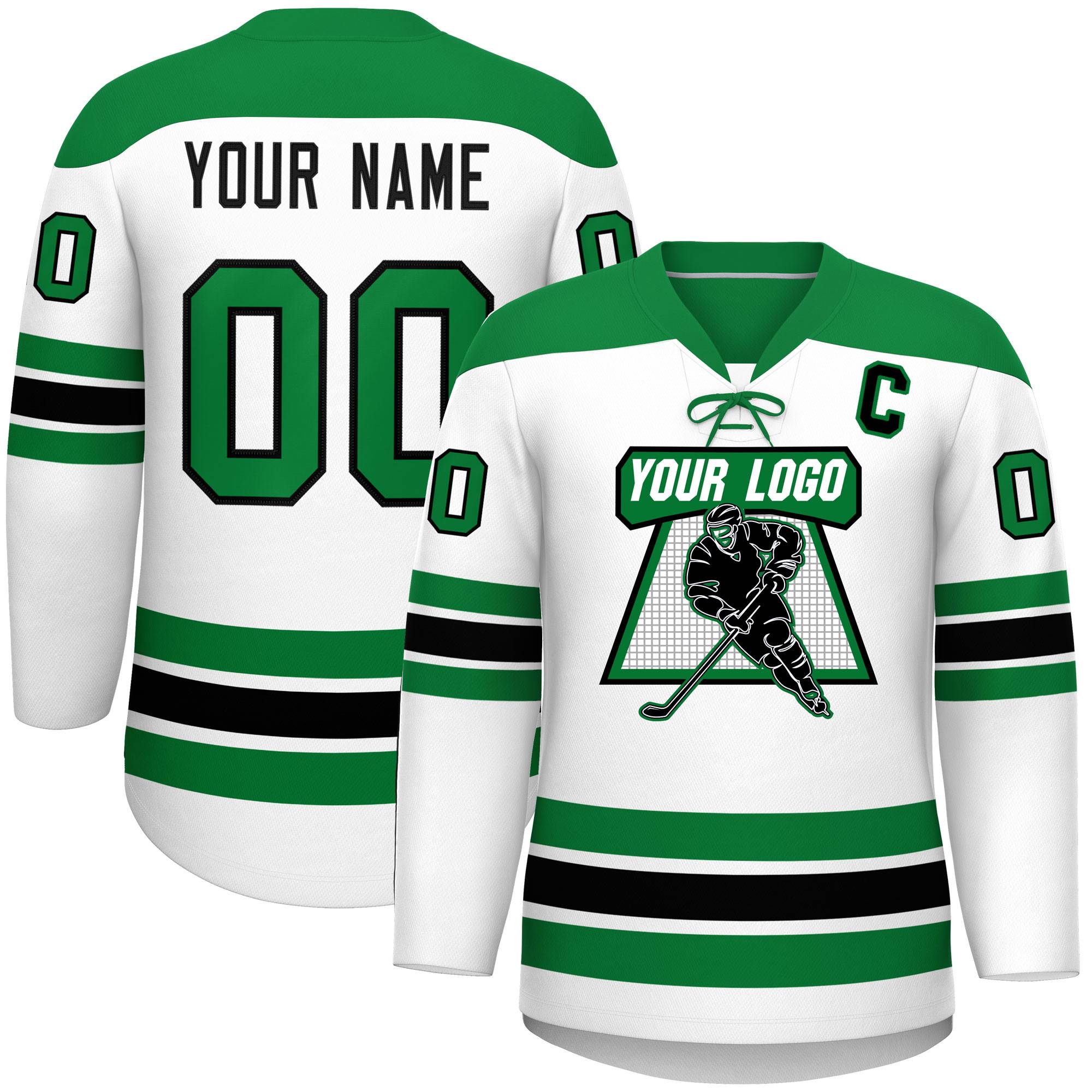 Custom White Kelly Green Black Personalized Classic Lace-Up Neck Hockey Jersey | KXKSHOP