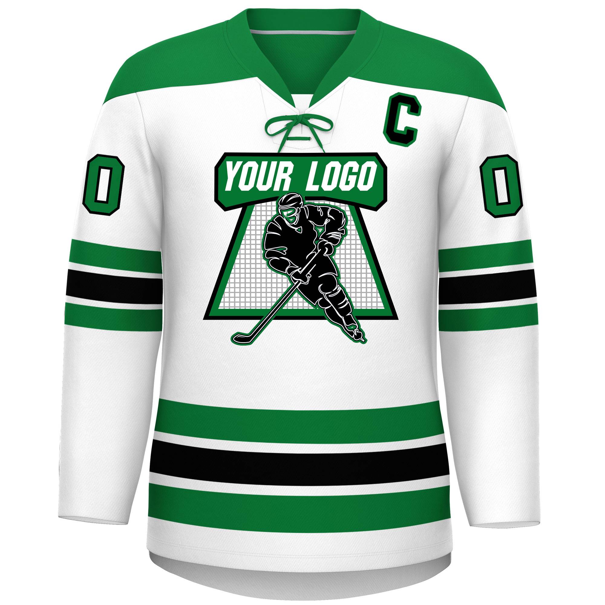 Custom White Kelly Green Black Personalized Classic Lace-Up Neck Hockey Jersey | KXKSHOP