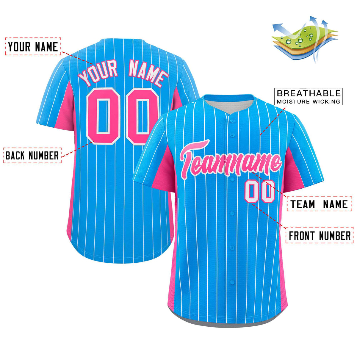 Custom Powder Blue Pink Stripe Fashion Design Full Button Authentic Baseball Jersey