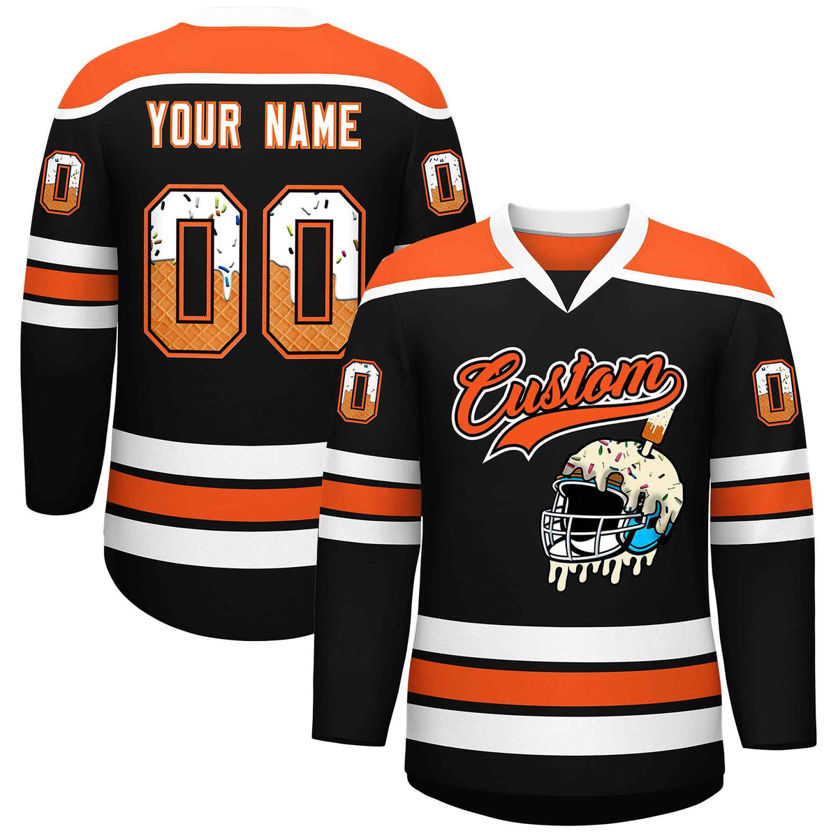 Custom Black Orange Ice Cream Helmet Pattern Personalized V-Neck Hockey Jersey