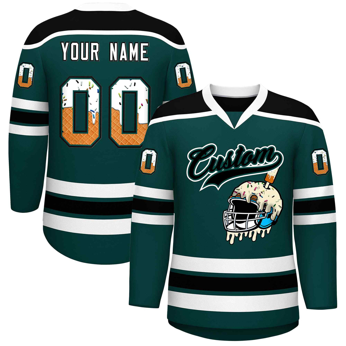 Custom Midnight Green Black Ice Cream Helmet Pattern Personalized V-Neck Hockey Jersey