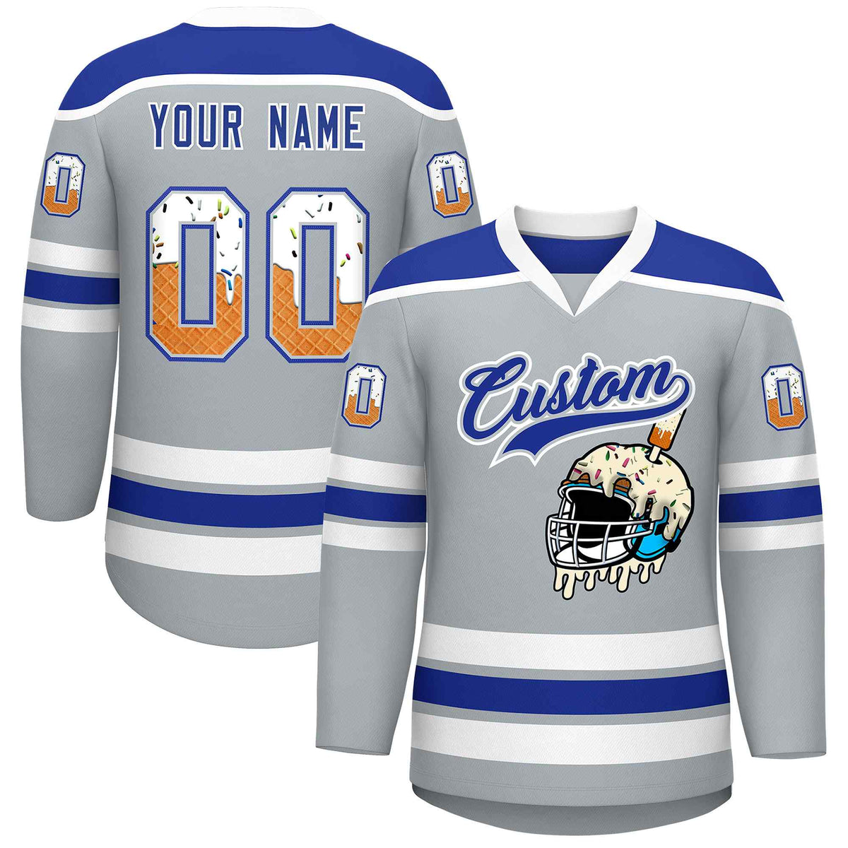 Custom Silver Royal Blue Ice Cream Helmet Pattern Personalized V-Neck Hockey Jersey