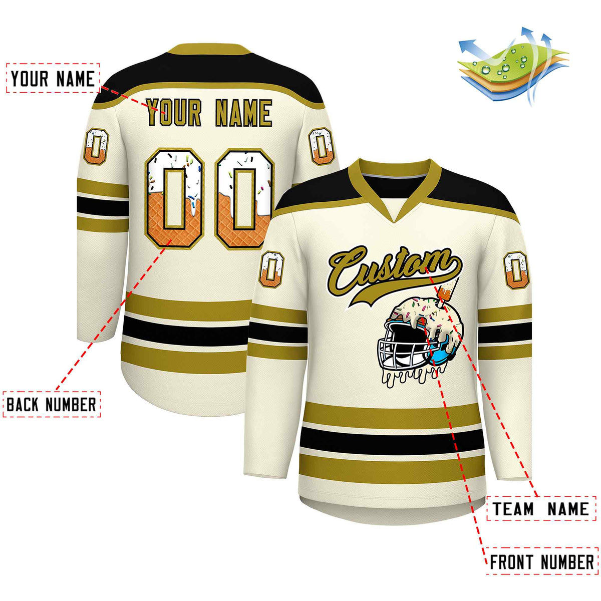 Custom Cream Old Gold Ice Cream Helmet Pattern Personalized V-Neck Hockey Jersey