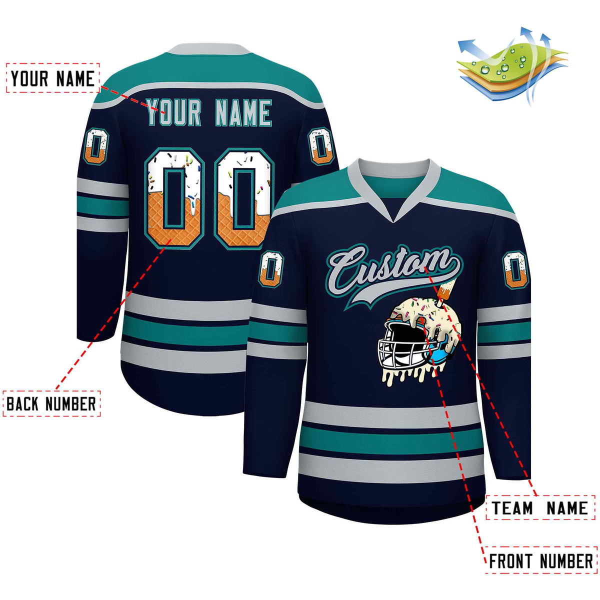Custom Navy Teal Ice Cream Helmet Pattern Personalized V-Neck Hockey Jersey