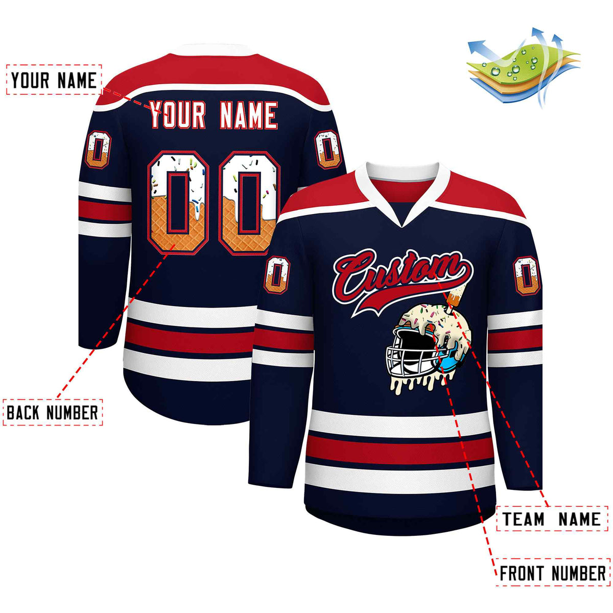 Custom Navy Red Ice Cream Helmet Pattern Personalized V-Neck Hockey Jersey