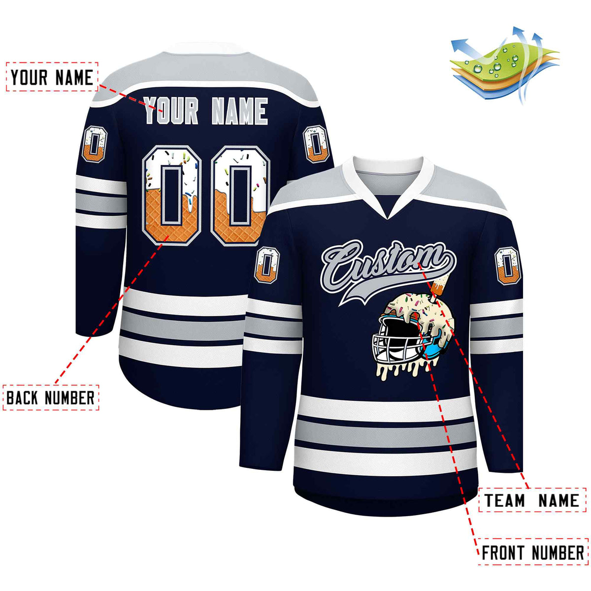 Custom Navy Silver Ice Cream Helmet Pattern Personalized V-Neck Hockey Jersey