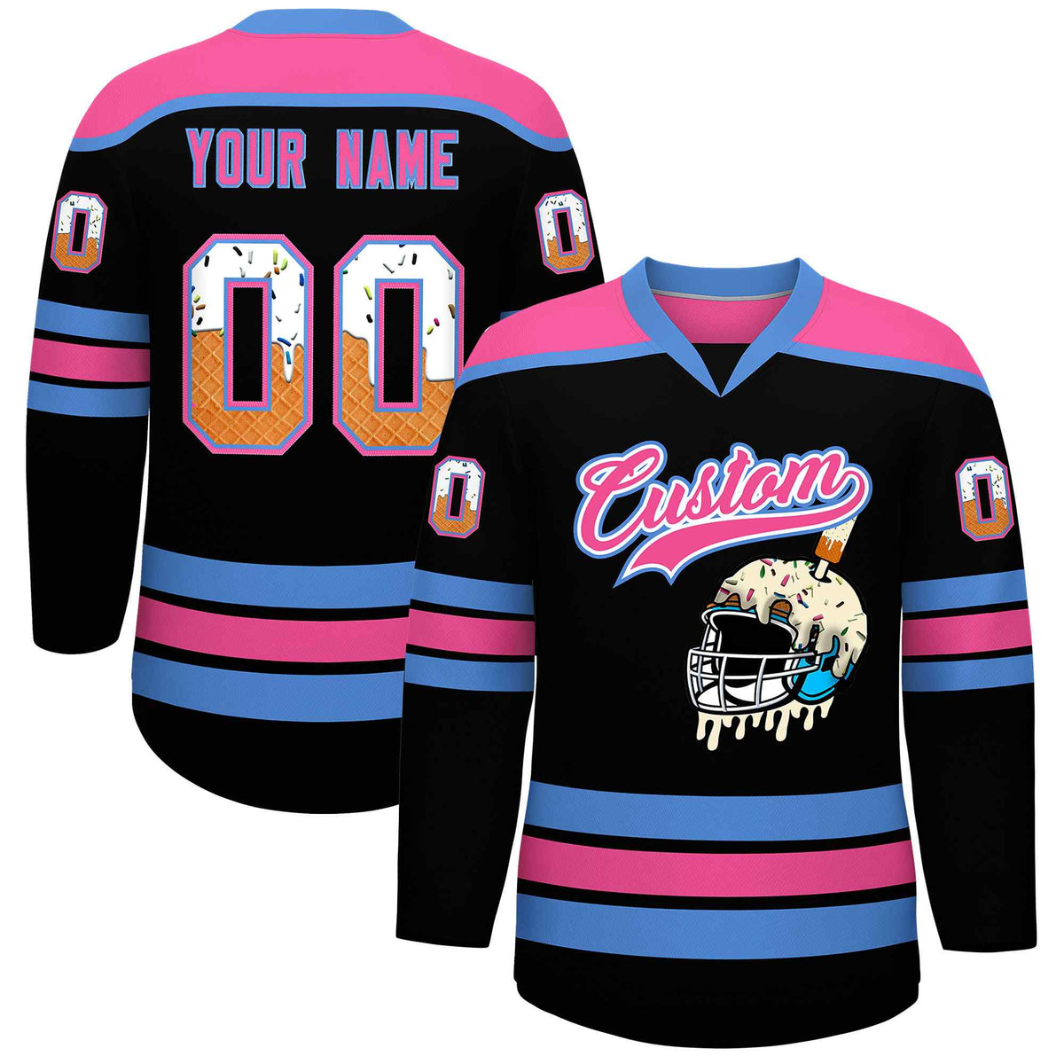 Custom Black Powder Blue Ice Cream Helmet Pattern Personalized V-Neck Hockey Jersey