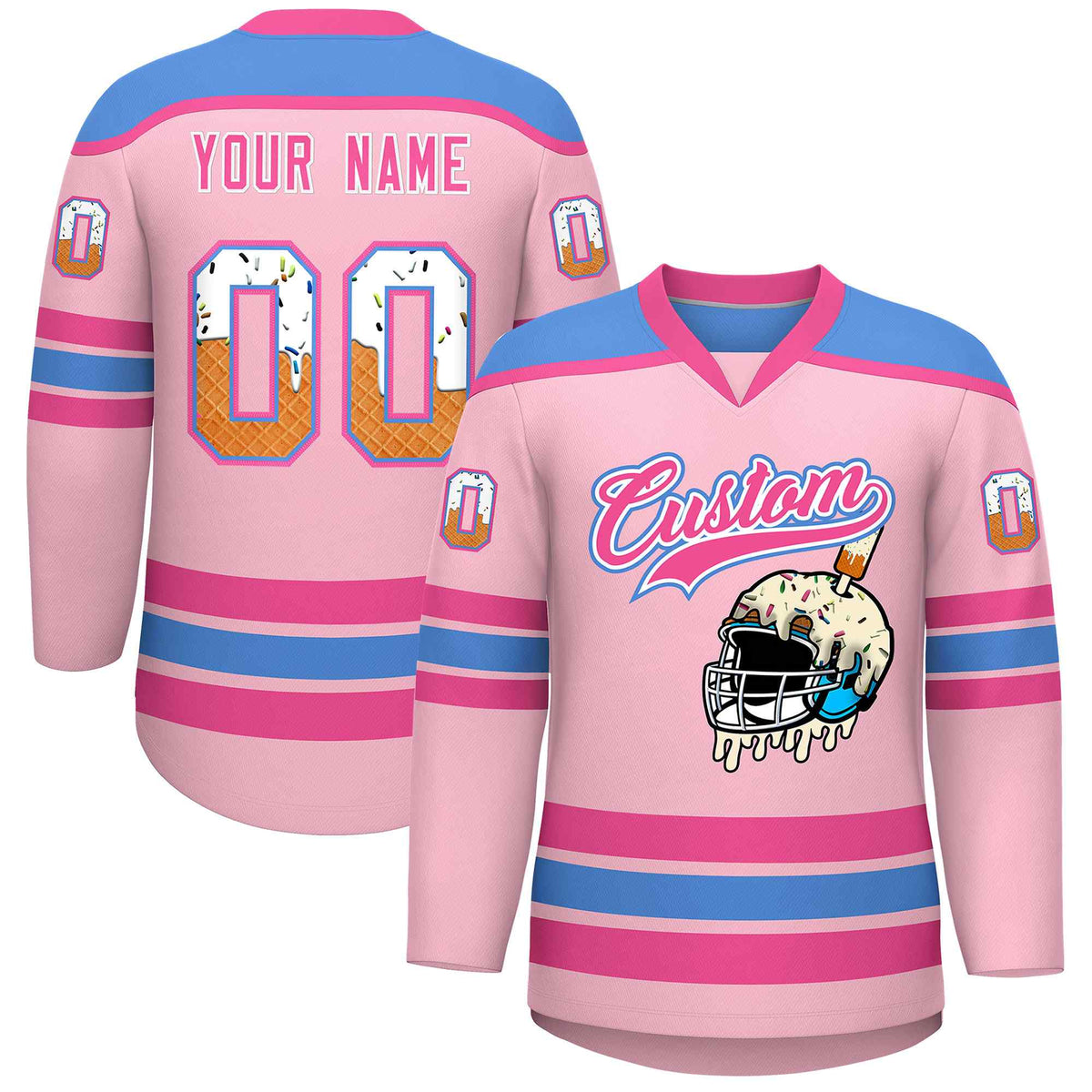 Custom Light Pink Powder Blue Ice Cream Helmet Pattern Personalized V-Neck Hockey Jersey