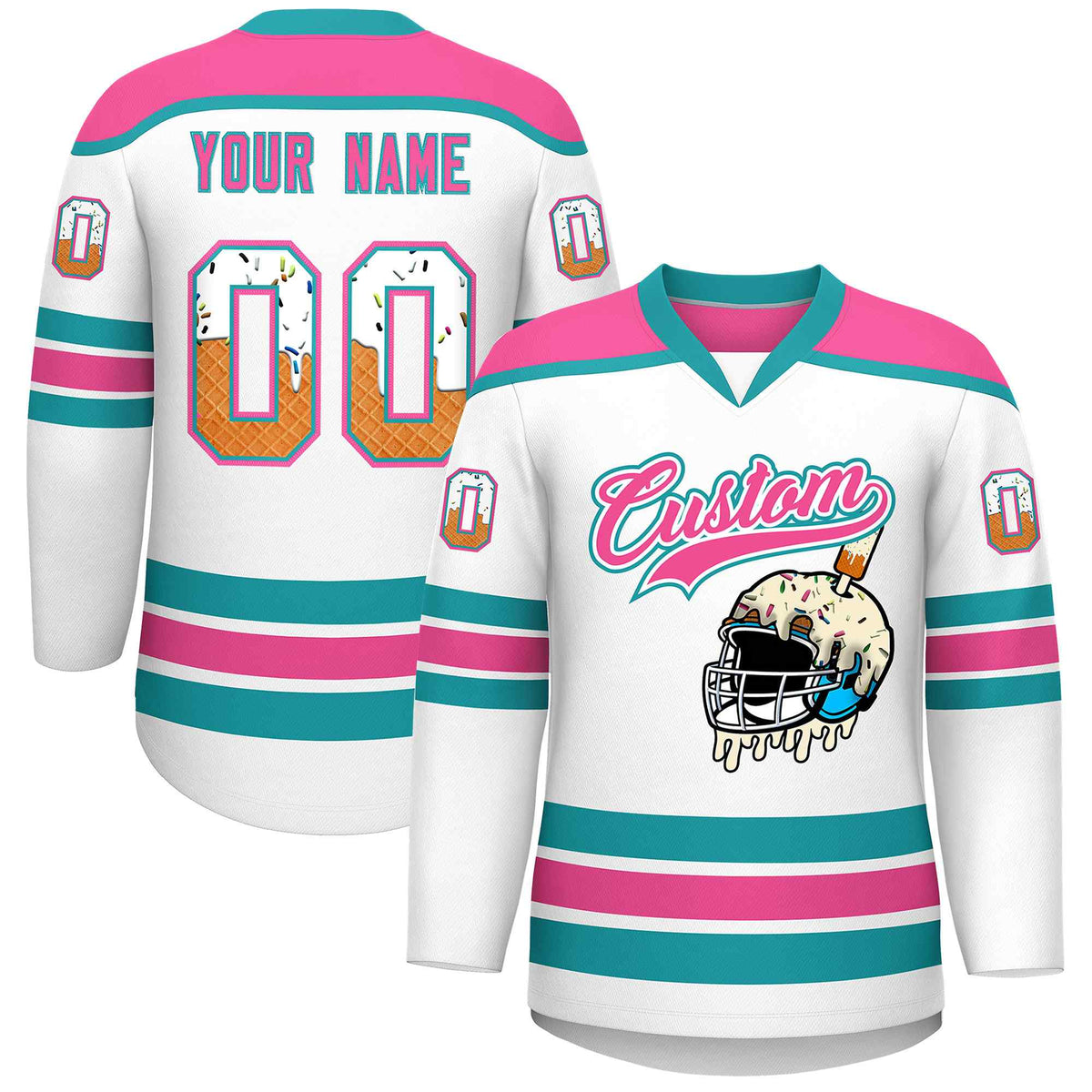 Custom White Pink Ice Cream Helmet Pattern Personalized V-Neck Hockey Jersey
