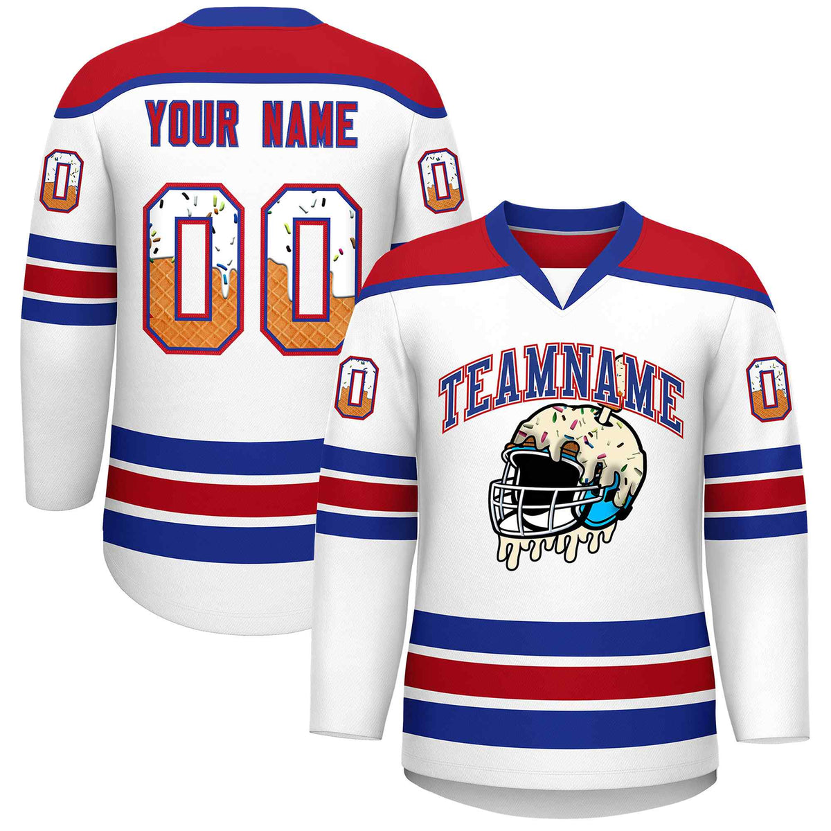 Custom White Royal Blue Ice Cream Helmet Pattern Personalized V-Neck Hockey Jersey