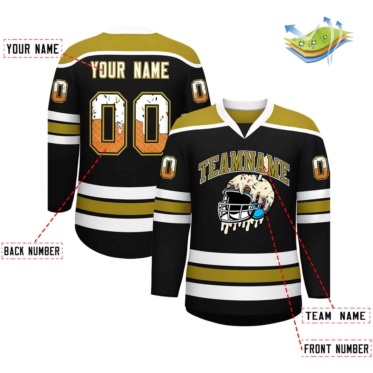 Custom Black Old Gold Ice Cream Helmet Pattern Personalized V-Neck Hockey Jersey