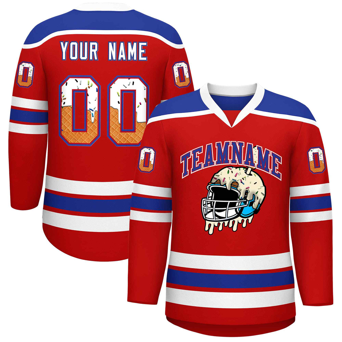 Custom Red Royal Blue Ice Cream Helmet Pattern Personalized V-Neck Hockey Jersey