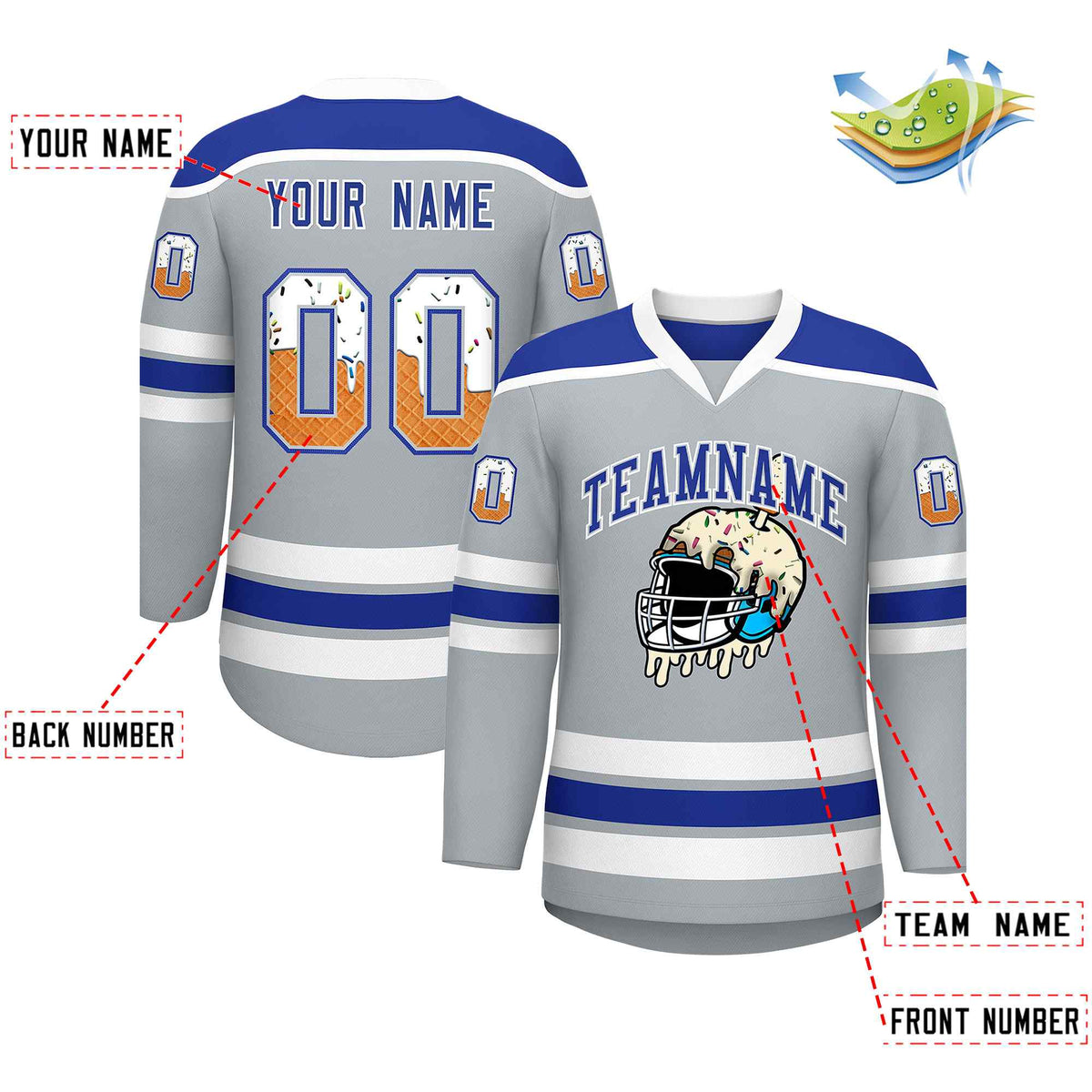 Custom Silver Royal Blue Ice Cream Helmet Pattern Personalized V-Neck Hockey Jersey