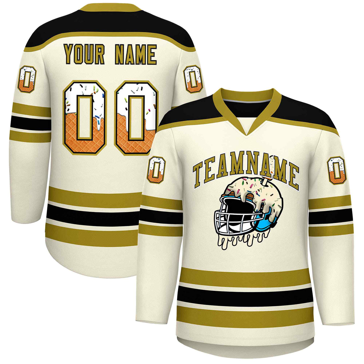 Custom Cream Old Gold Ice Cream Helmet Pattern Personalized V-Neck Hockey Jersey