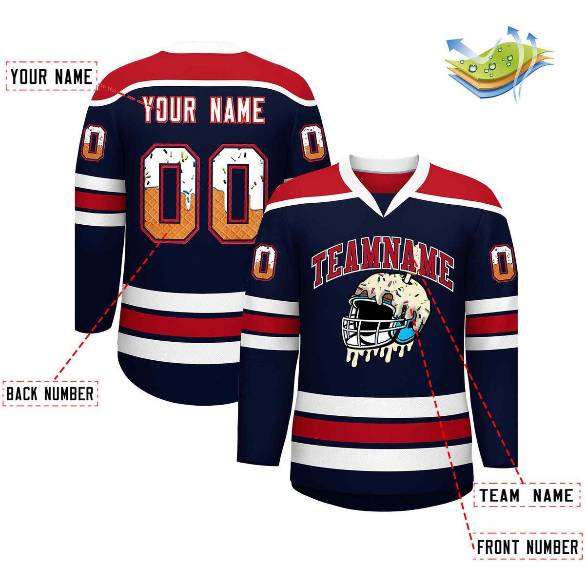 Custom Navy Red Ice Cream Helmet Pattern Personalized V-Neck Hockey Jersey