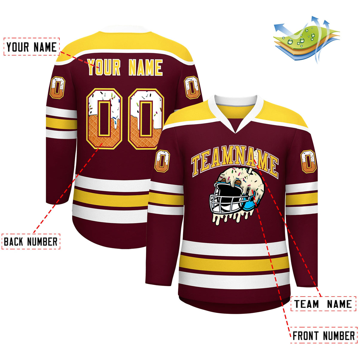 Custom Crimson Gold Ice Cream Helmet Pattern Personalized V-Neck Hockey Jersey