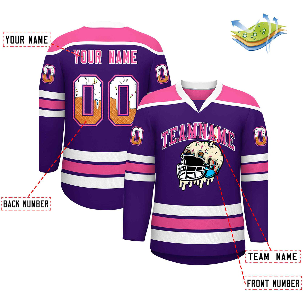 Custom Purple Pink Ice Cream Helmet Pattern Personalized V-Neck Hockey Jersey