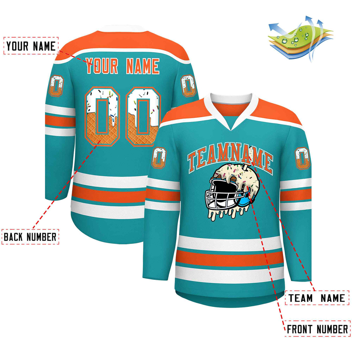 Custom Aqua Orange Ice Cream Helmet Pattern Personalized V-Neck Hockey Jersey