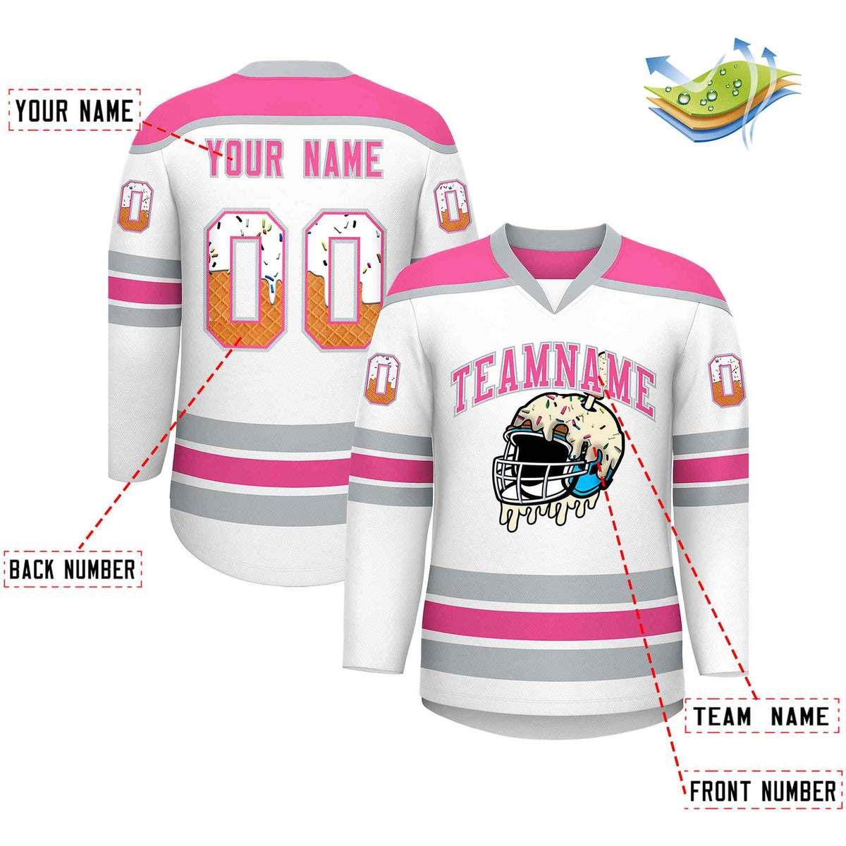 Custom White Pink Ice Cream Helmet Pattern Personalized V-Neck Hockey Jersey