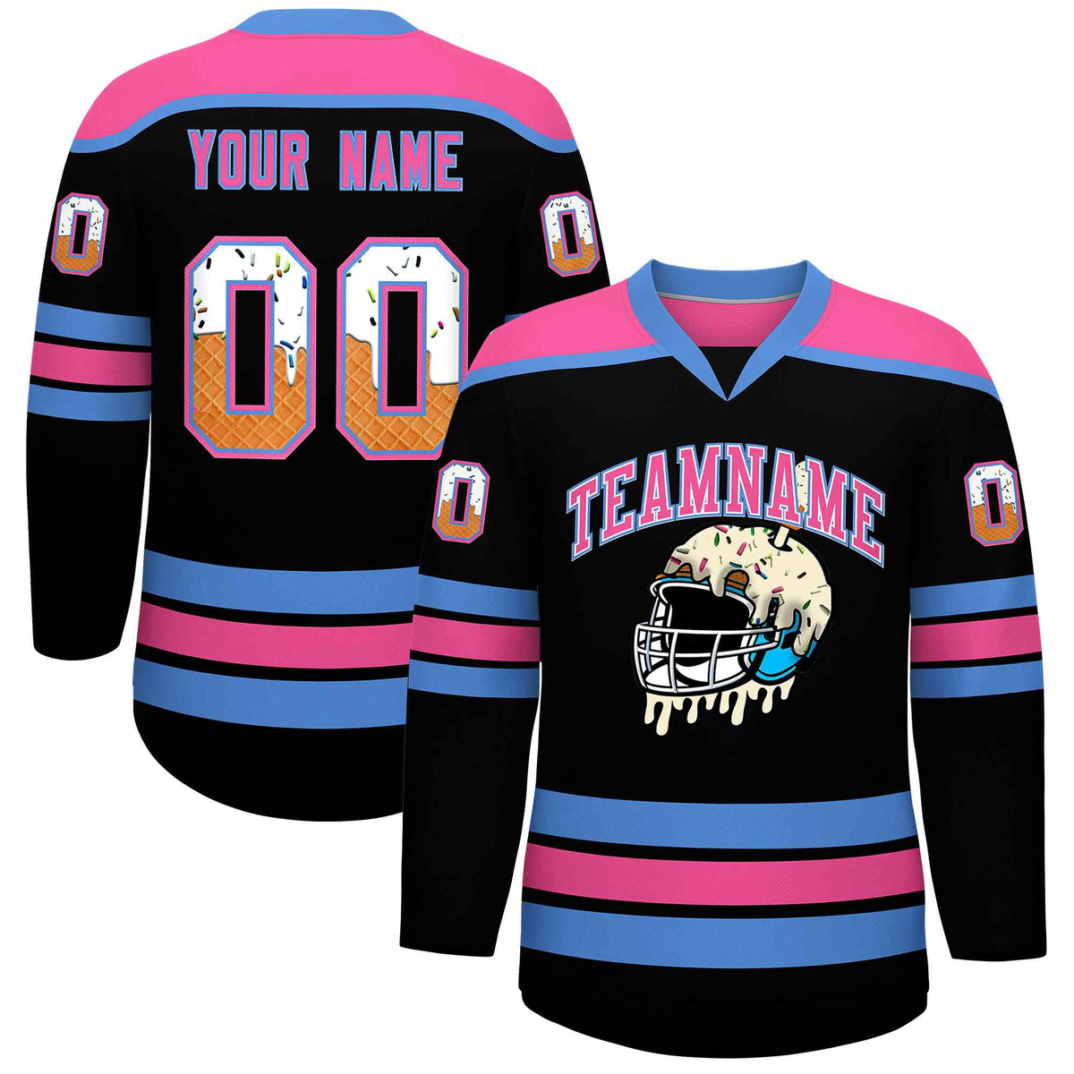 Custom Black Powder Blue Ice Cream Helmet Pattern Personalized V-Neck Hockey Jersey