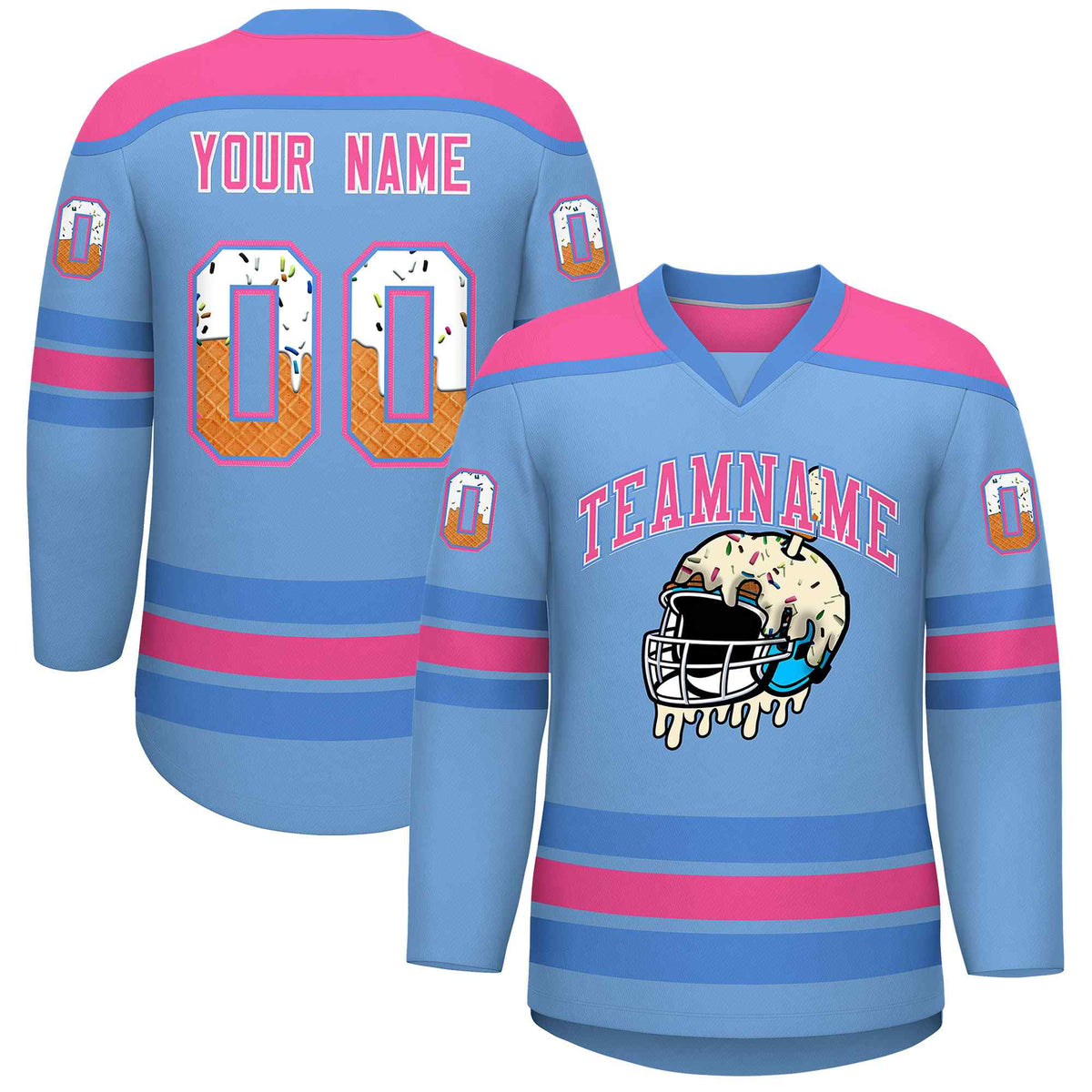 Custom Light Blue Pink Ice Cream Helmet Pattern Personalized V-Neck Hockey Jersey