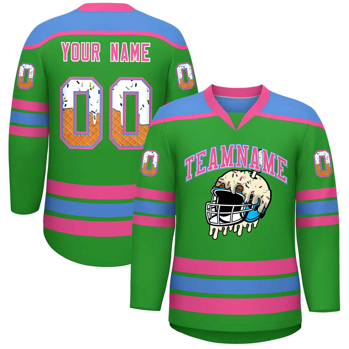 Custom Light Green Powder Blue Ice Cream Helmet Pattern Personalized V-Neck Hockey Jersey