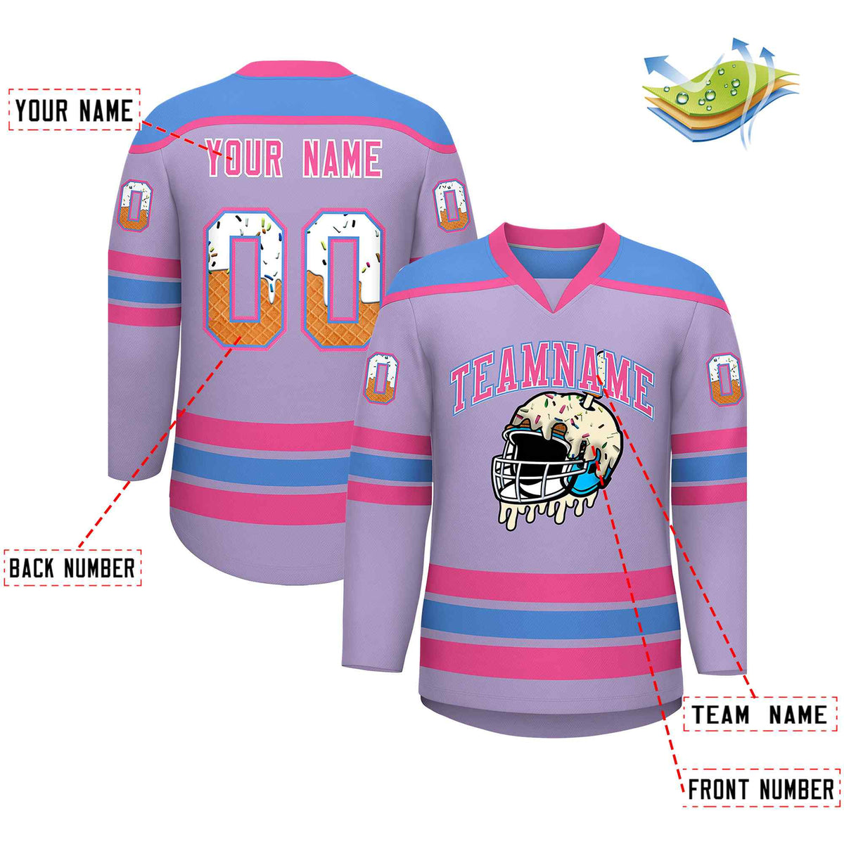 Custom Light Purple Powder Blue Ice Cream Helmet Pattern Personalized V-Neck Hockey Jersey