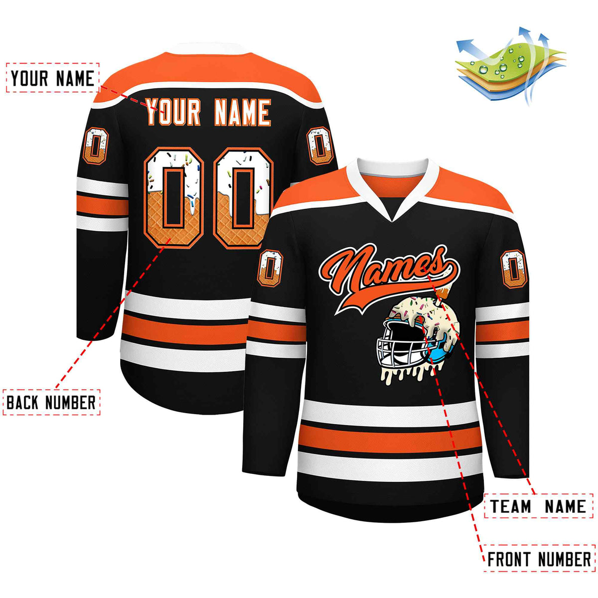 Custom Black Orange Ice Cream Helmet Pattern Personalized V-Neck Hockey Jersey