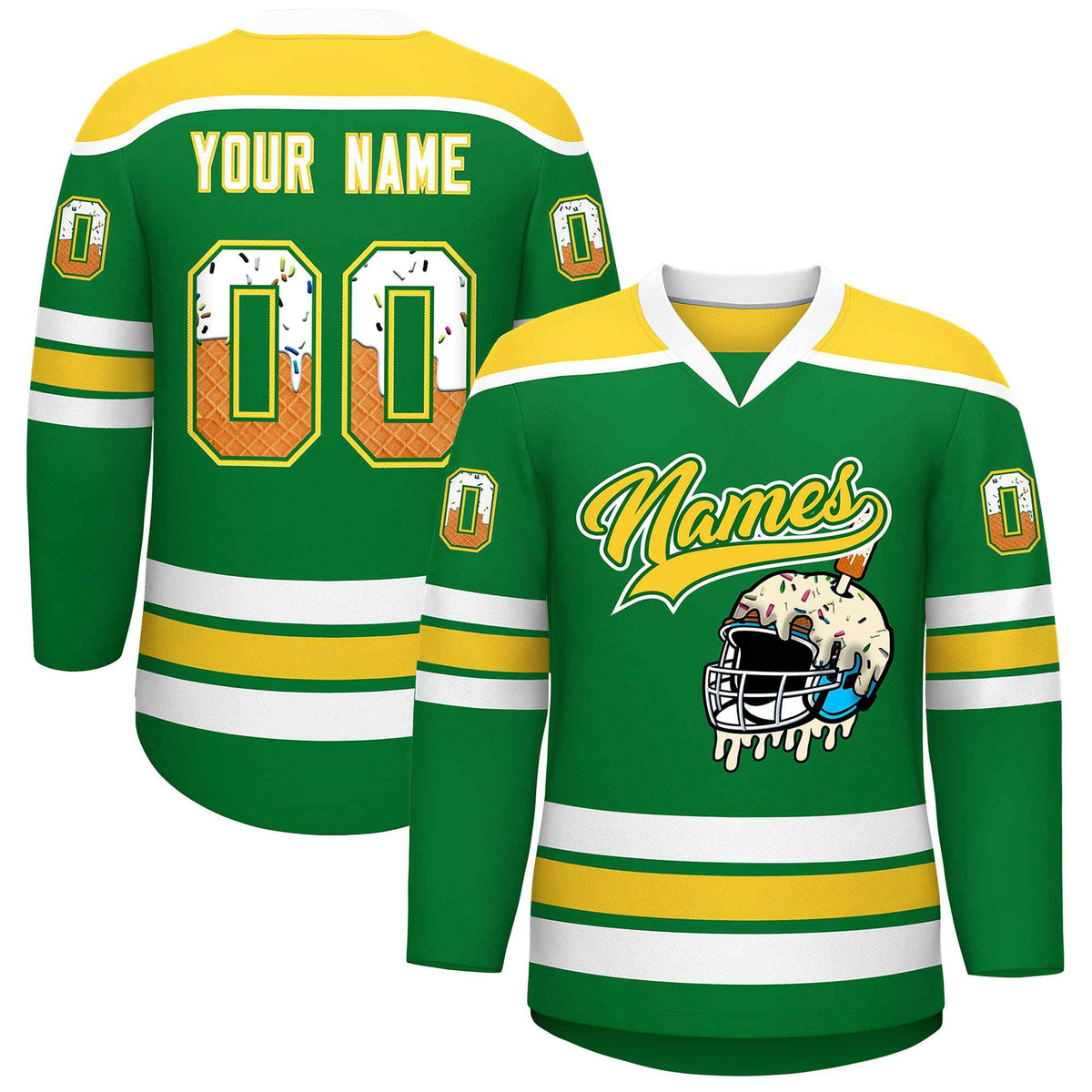 Custom Kelly Green Gold Ice Cream Helmet Pattern Personalized V-Neck Hockey Jersey