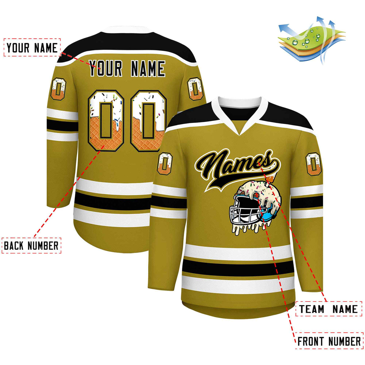 Custom Old Gold Black Ice Cream Helmet Pattern Personalized V-Neck Hockey Jersey