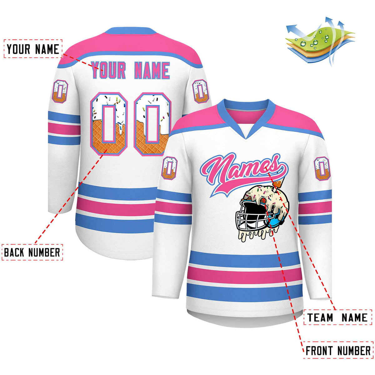 Custom White Pink Ice Cream Helmet Pattern Personalized V-Neck Hockey Jersey