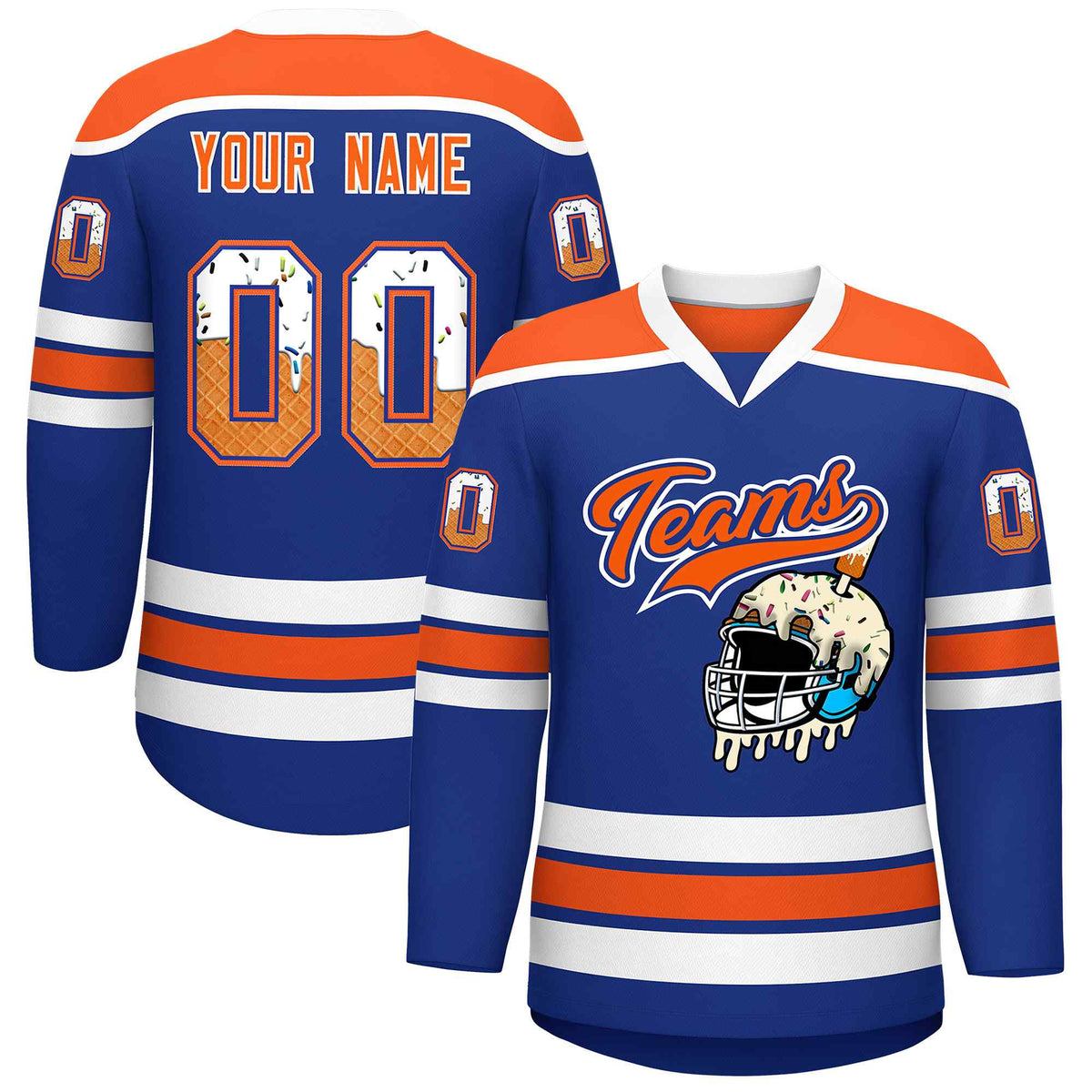 Custom Royal Blue Orange Ice Cream Helmet Pattern Personalized V-Neck Hockey Jersey