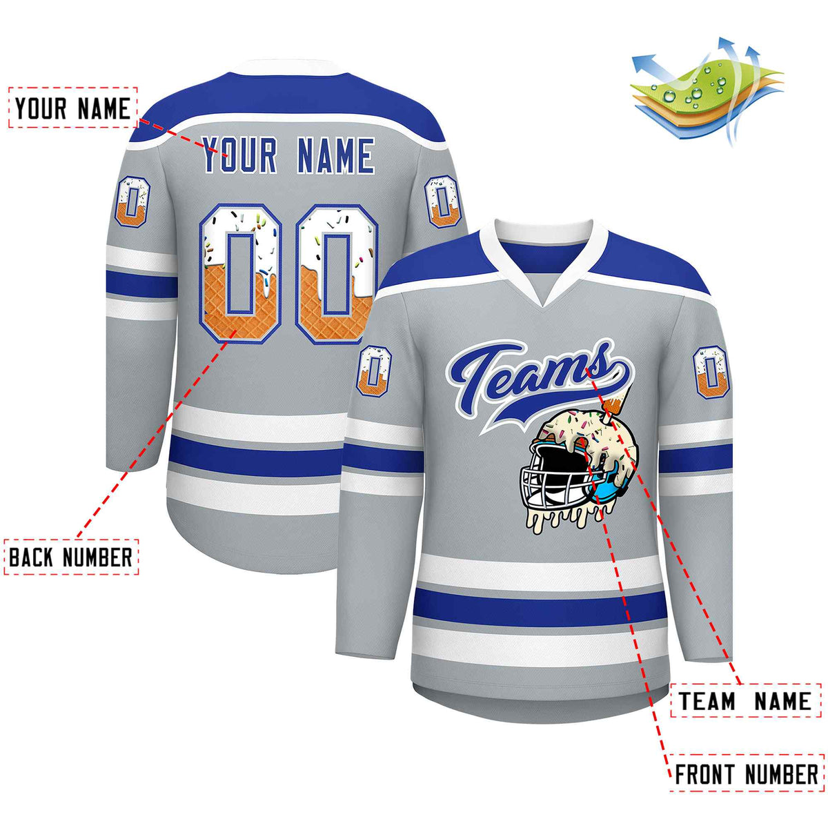 Custom Silver Royal Blue Ice Cream Helmet Pattern Personalized V-Neck Hockey Jersey