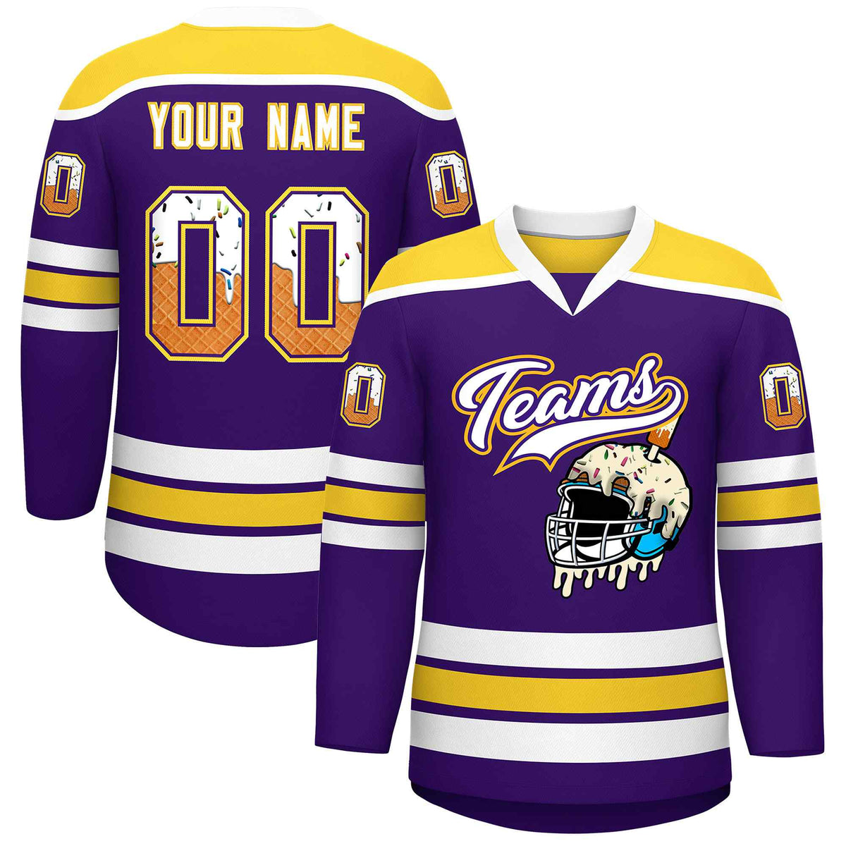 Custom Purple Gold Ice Cream Helmet Pattern Personalized V-Neck Hockey Jersey