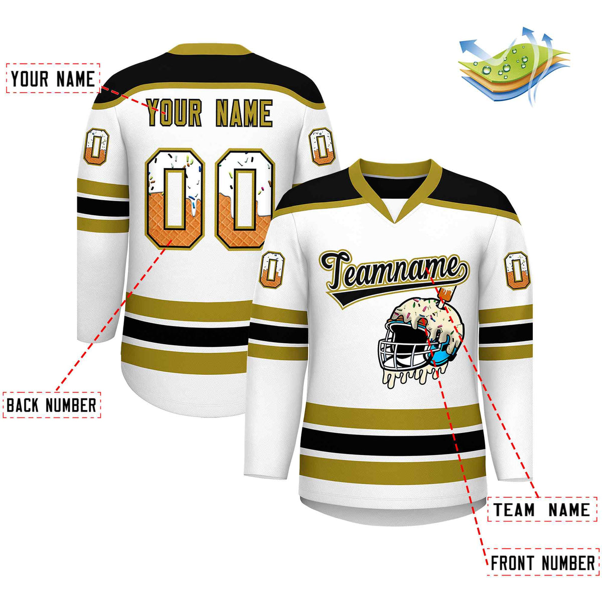 Custom White Old Gold Ice Cream Helmet Pattern Personalized V-Neck Hockey Jersey| KXKSHOP