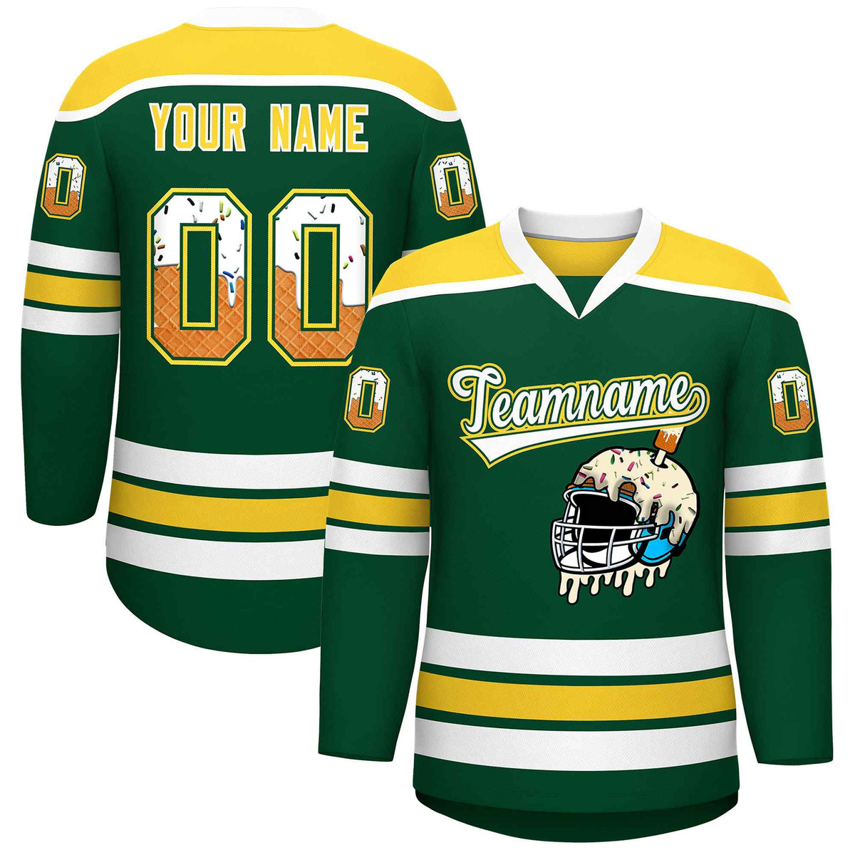 Custom Green Gold Ice Cream Helmet Pattern Personalized V-Neck Hockey Jersey| KXKSHOP