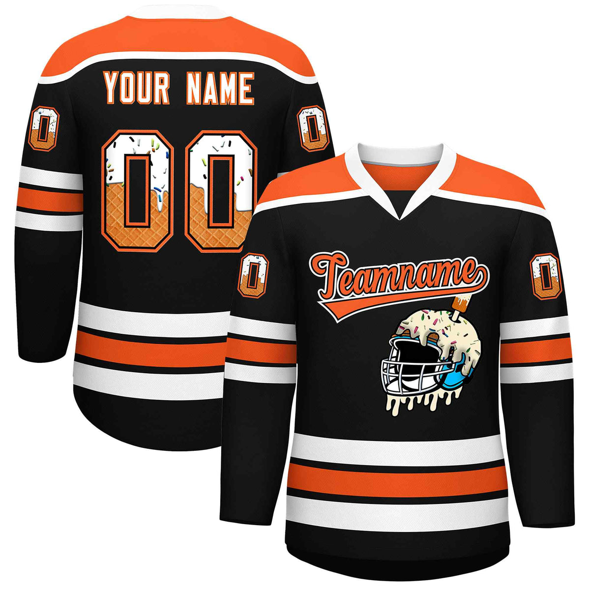Custom Black Orange Ice Cream Helmet Pattern Personalized V-Neck Hockey Jersey| KXKSHOP