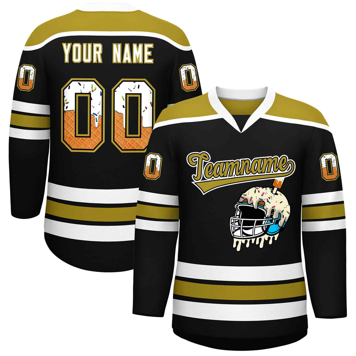 Custom Black Old Gold Ice Cream Helmet Pattern Personalized V-Neck Hockey Jersey| KXKSHOP