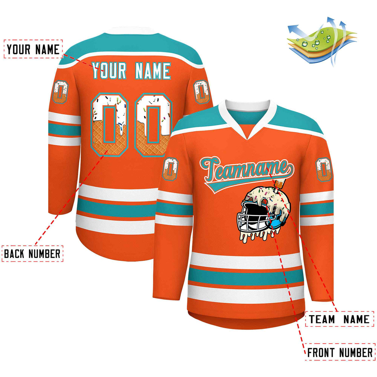 Custom Orange Aqua Ice Cream Helmet Pattern Personalized V-Neck Hockey Jersey| KXKSHOP