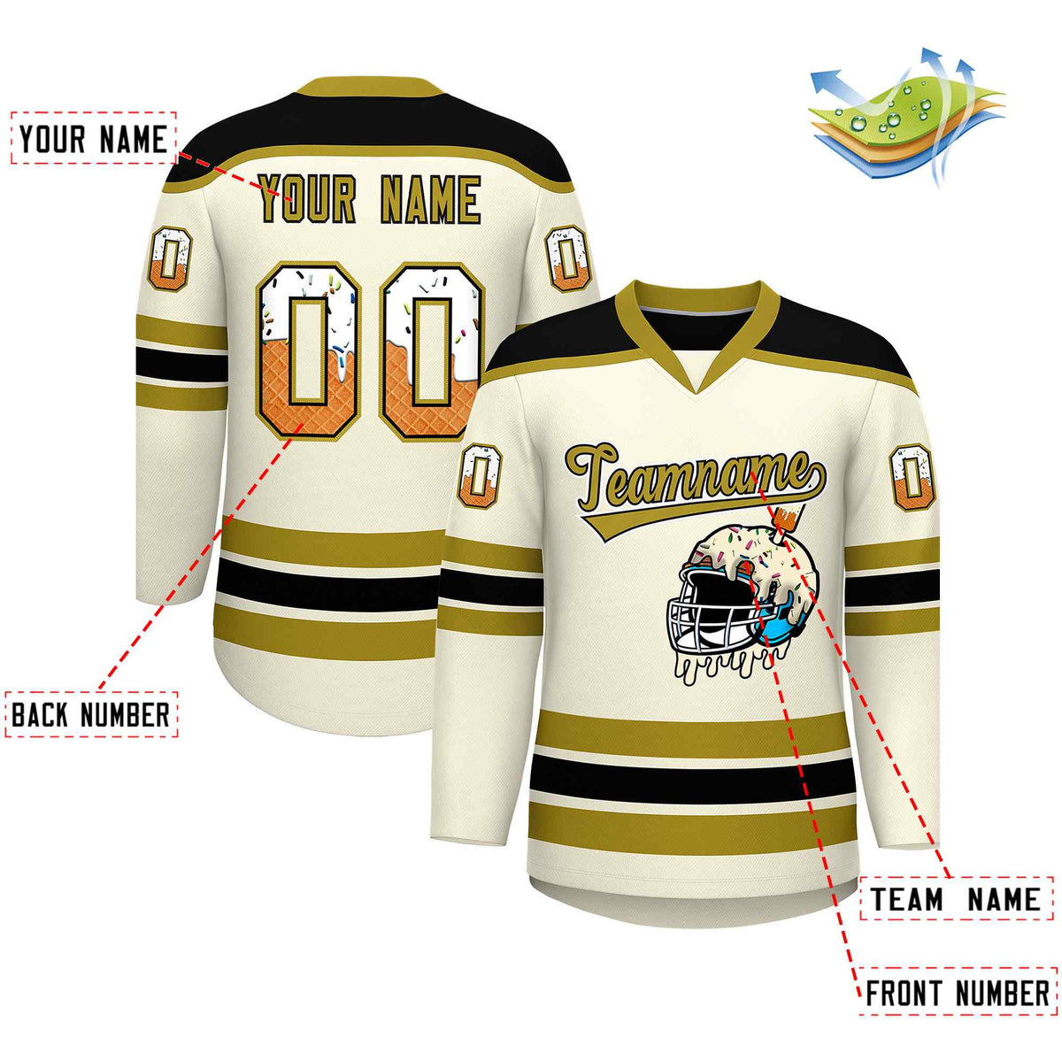 Custom Cream Old Gold Ice Cream Helmet Pattern Personalized V-Neck Hockey Jersey| KXKSHOP