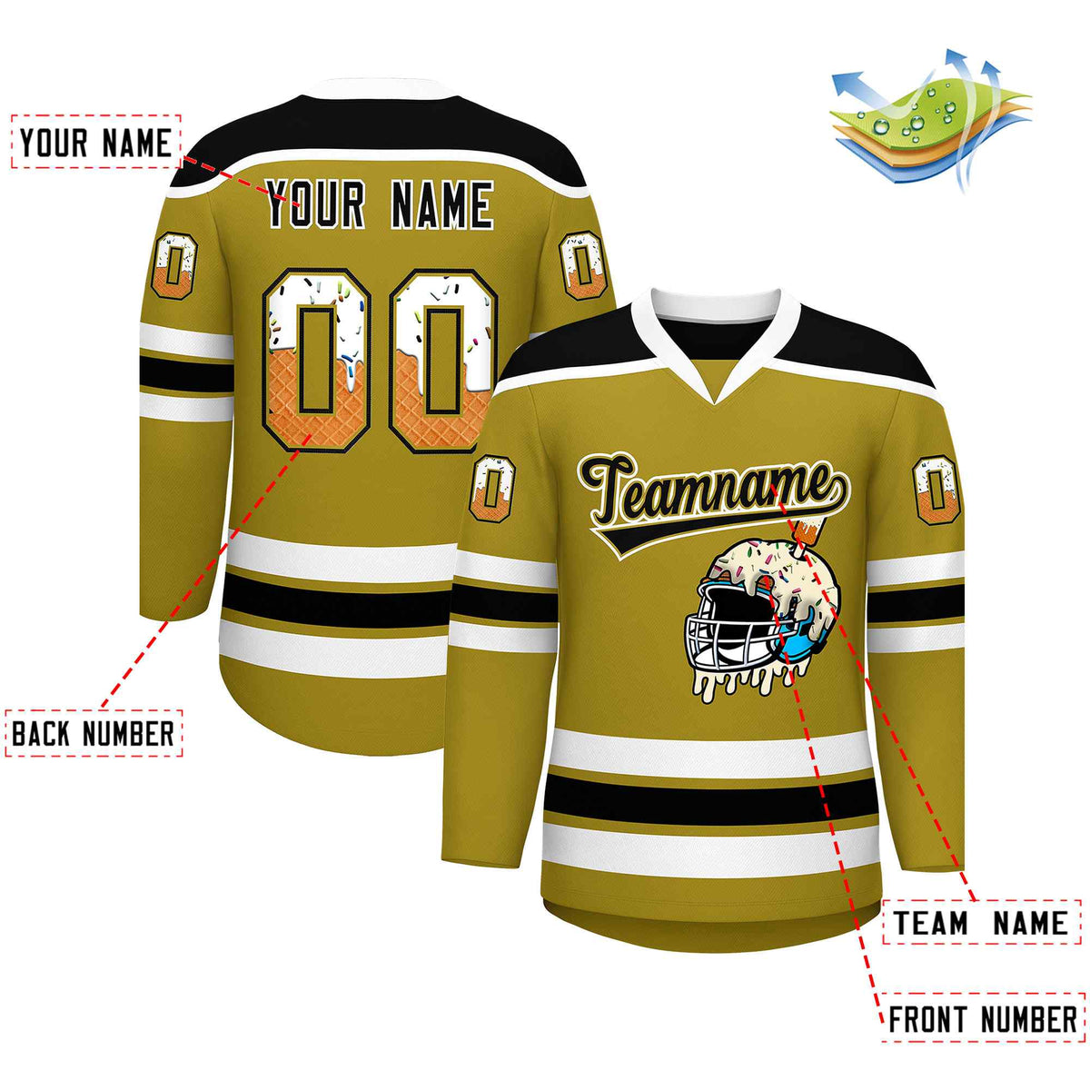 Custom Old Gold Black Ice Cream Helmet Pattern Personalized V-Neck Hockey Jersey| KXKSHOP