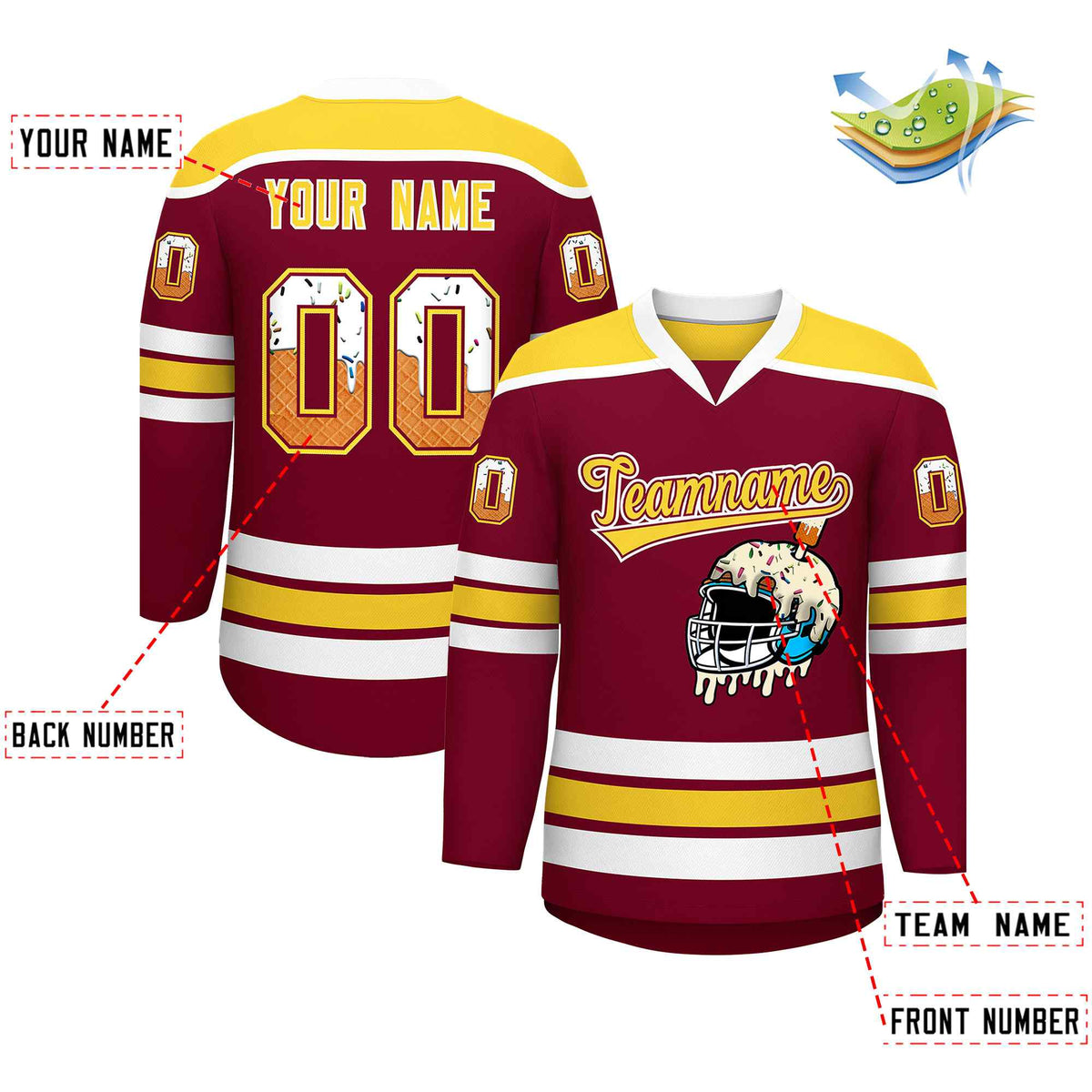 Custom Crimson Gold Ice Cream Helmet Pattern Personalized V-Neck Hockey Jersey| KXKSHOP