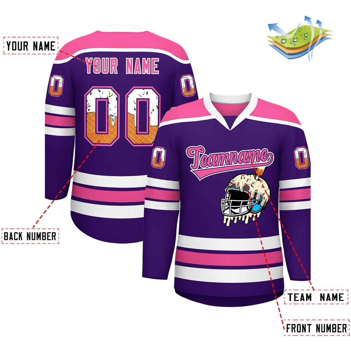 Custom Purple Pink Ice Cream Helmet Pattern Personalized V-Neck Hockey Jersey| KXKSHOP
