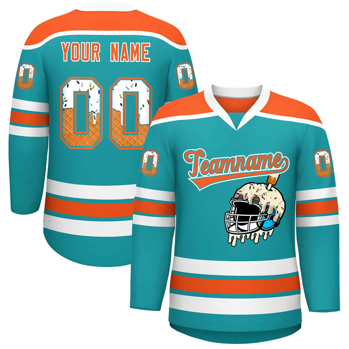 Custom Aqua Orange Ice Cream Helmet Pattern Personalized V-Neck Hockey Jersey| KXKSHOP