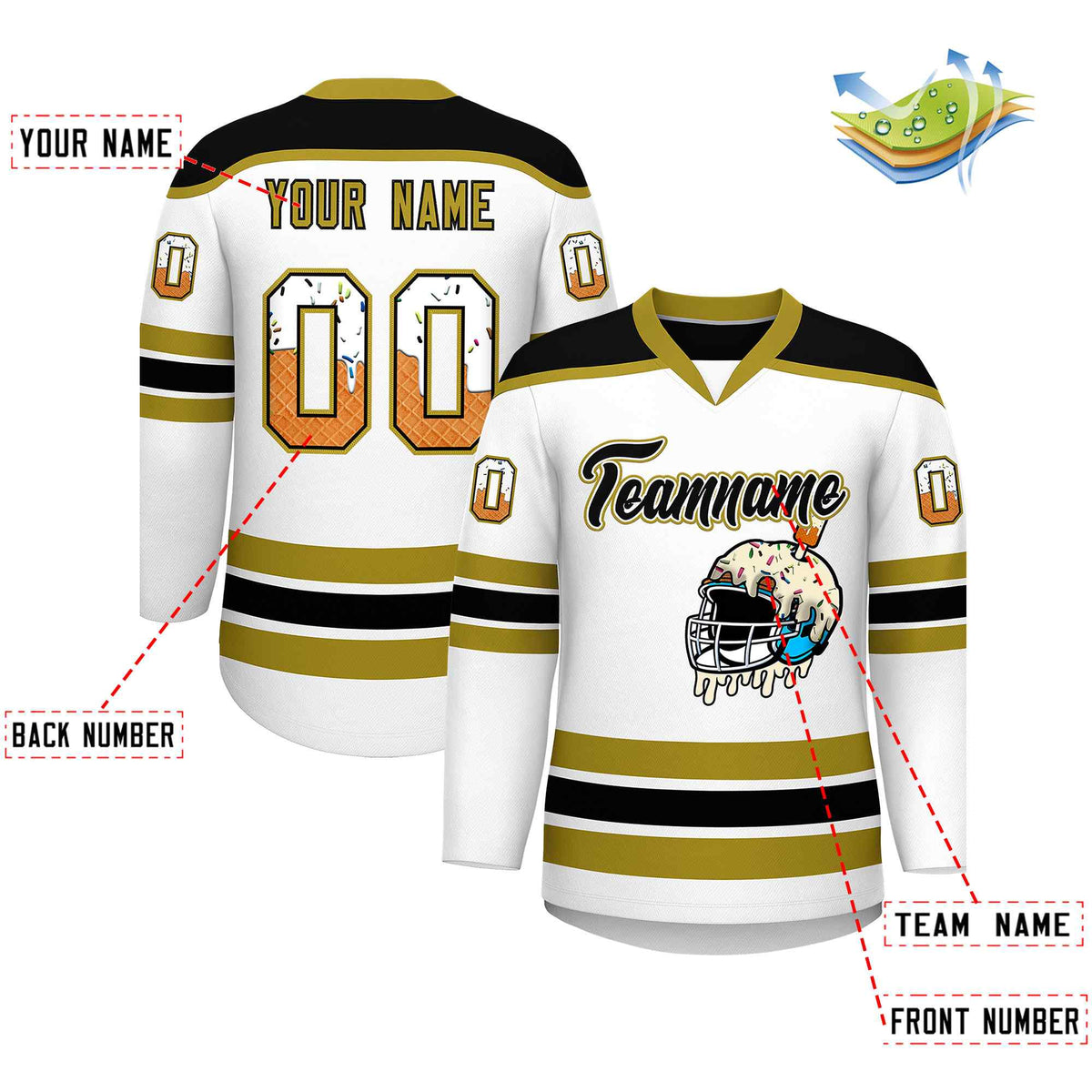 Custom White Old Gold Ice Cream Helmet Pattern Personalized V-Neck Hockey Jersey