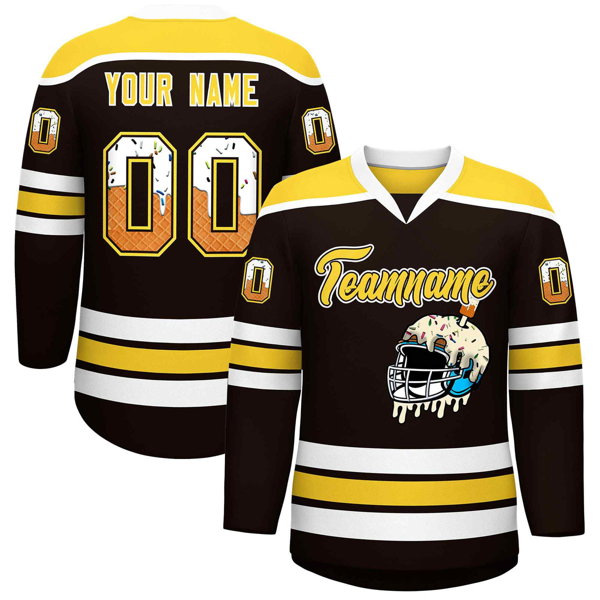 Custom Brown Gold Ice Cream Helmet Pattern Personalized V-Neck Hockey Jersey