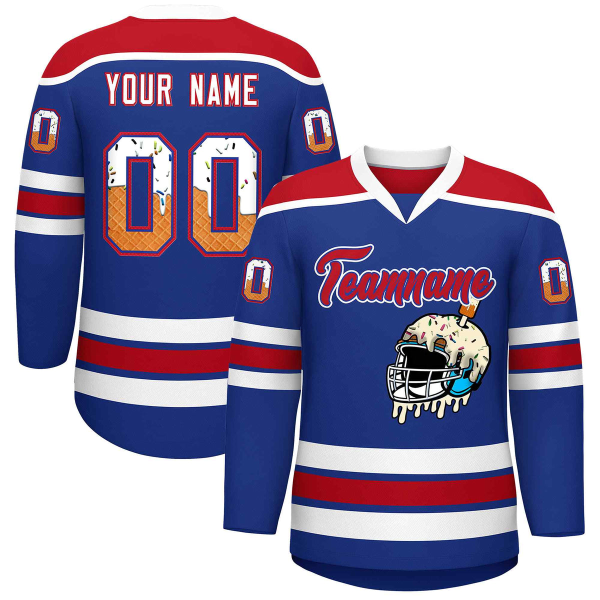 Custom Royal Blue Red Ice Cream Helmet Pattern Personalized V-Neck Hockey Jersey