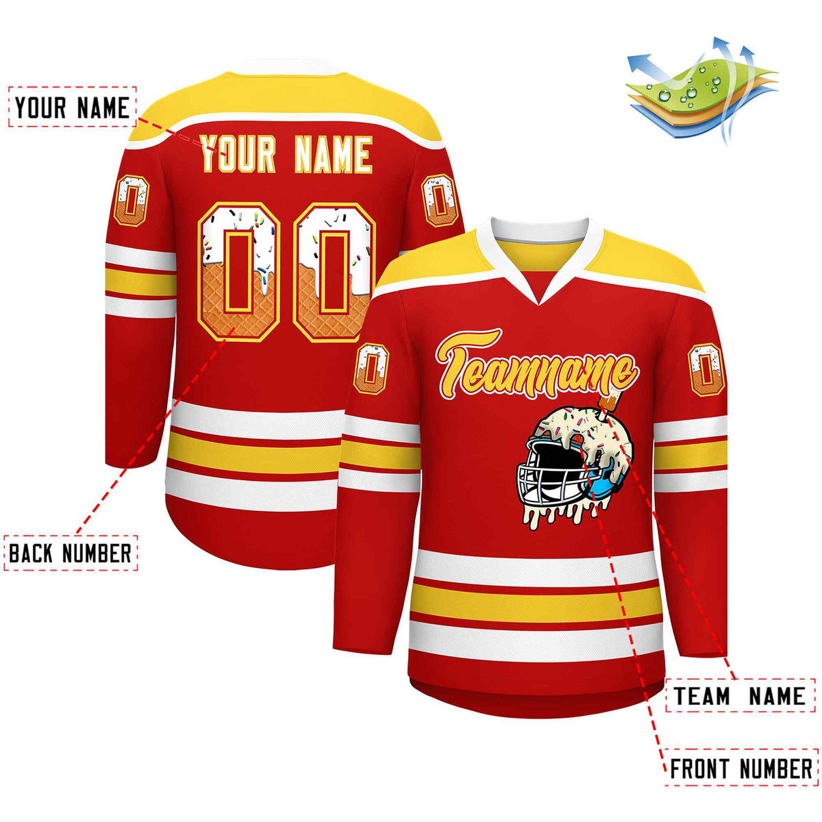 Custom Red Gold Ice Cream Helmet Pattern Personalized V-Neck Hockey Jersey